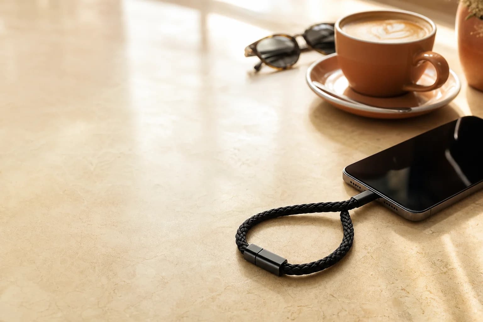 Chargelet bracelet charging a phone at a café