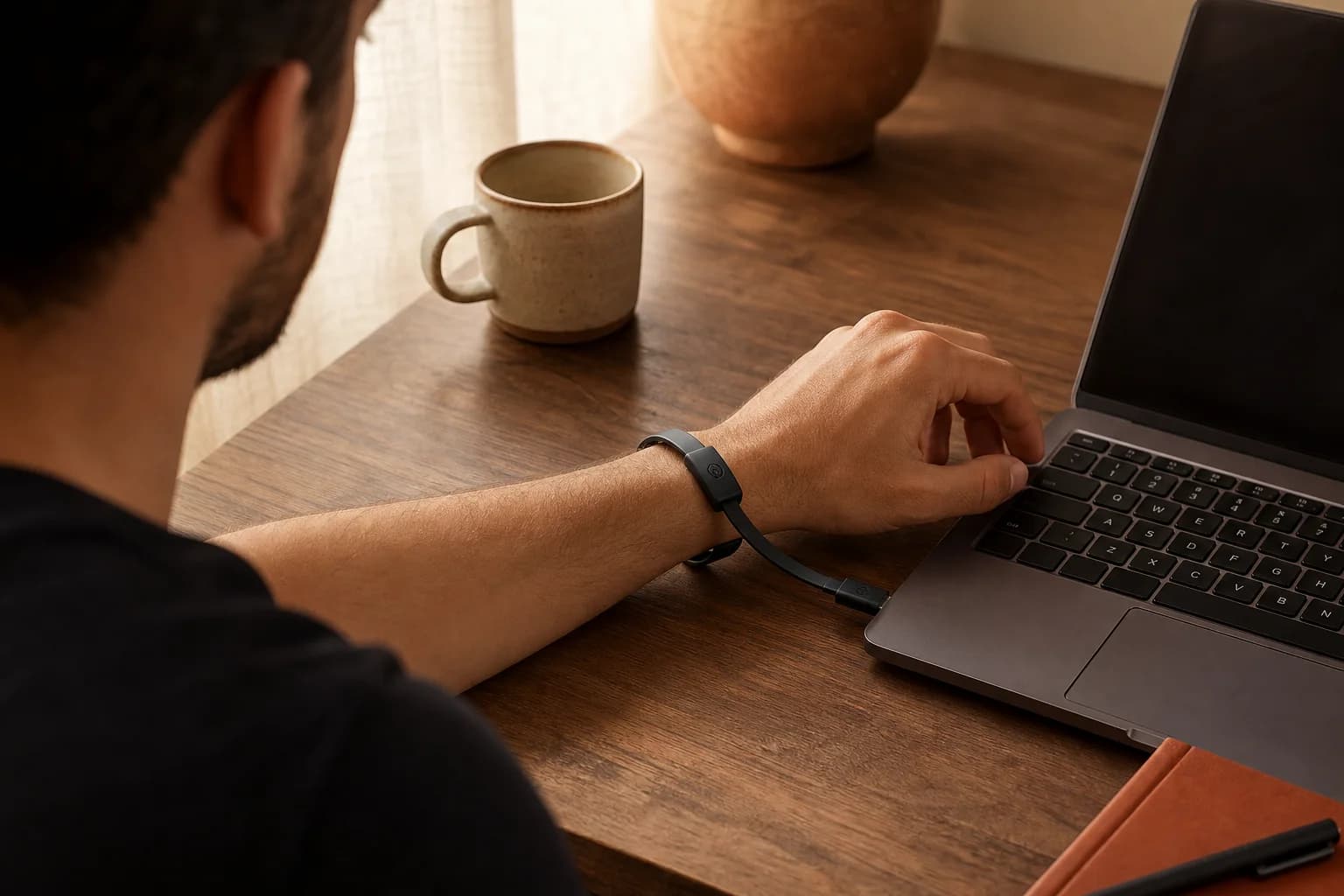 Chargelet bracelet worn as an accessory while charging a phone from a laptop